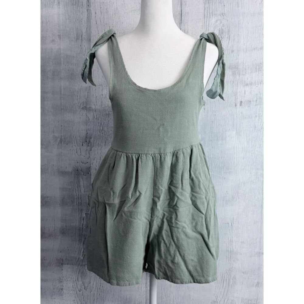 Pink Lily One Piece Romper Green Tie Shoulders Womens S Beachy Linen Blend